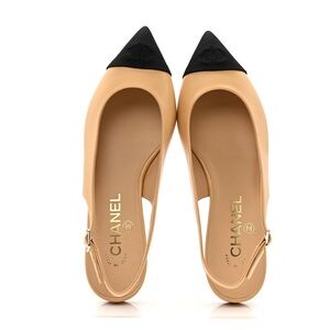 CHANEL Beige Leather Slingback Flats with Black Pointed Cap